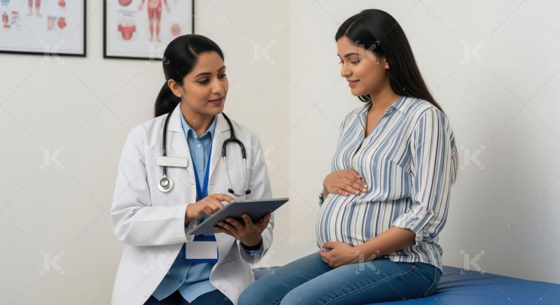 Female Indian doctor provides prenatal care to expectant mother.