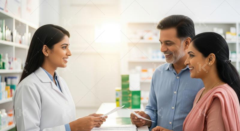 Friendly pharmacist provides expert advice to a happy Indian couple.
