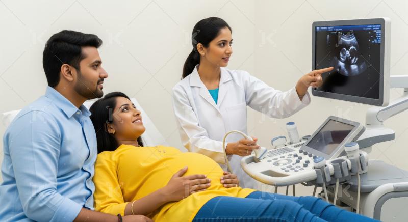 Doctor explains ultrasound to happy expectant Indian couple.