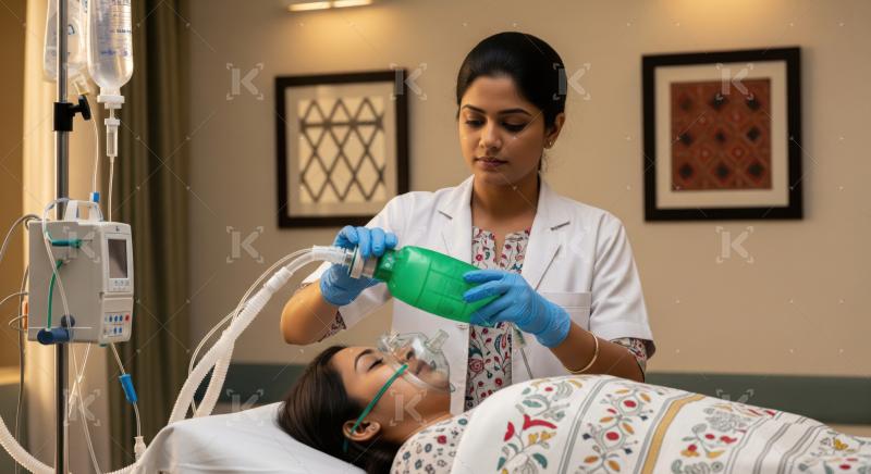 Nurse provides oxygen to patient using a manual resuscitator.