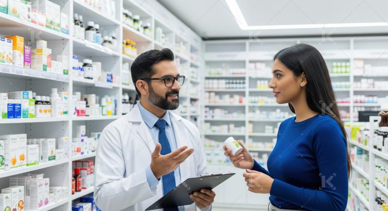 Professional pharmacist helping customer choose right medicine in drugstore.