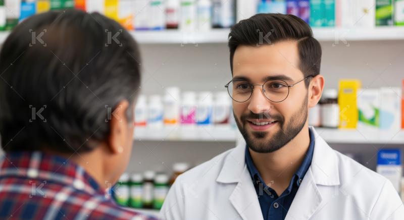 Pharmacist offers professional assistance to customer in a bright pharmacy.