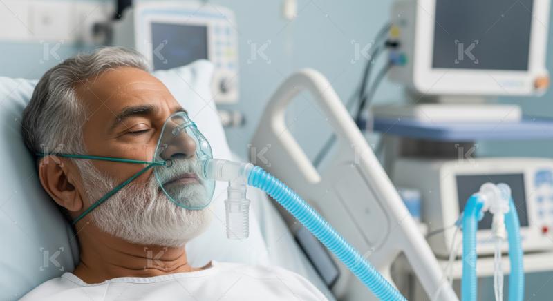 Senior patient breathing with oxygen mask in intensive care.