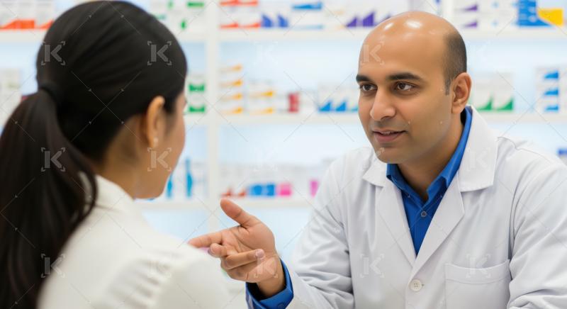 Professional pharmacist advises female customer about her medication needs.