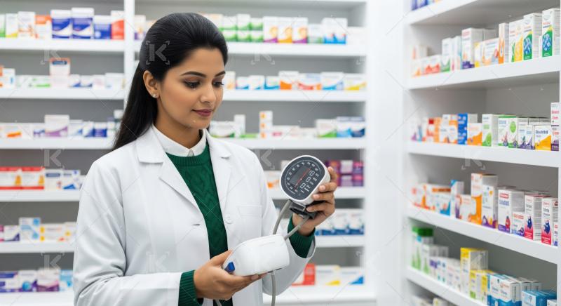 Young pharmacist thoughtfully inspects a blood pressure monitor at work.