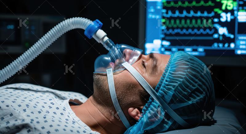 Man in hospital with breathing mask and vital signs monitored.