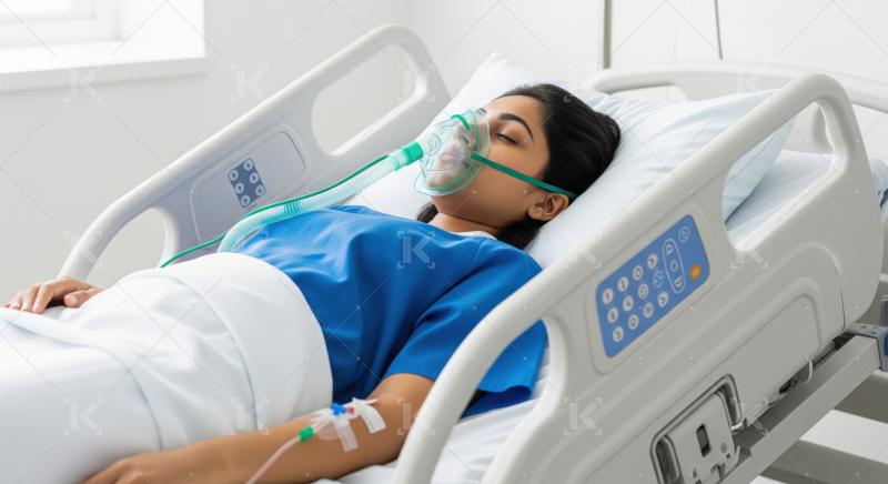 Young female patient receiving oxygen therapy and IV in hospital.