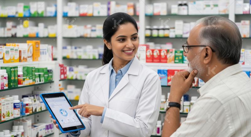 Pharmacist provides professional digital health advice to a senior man.
