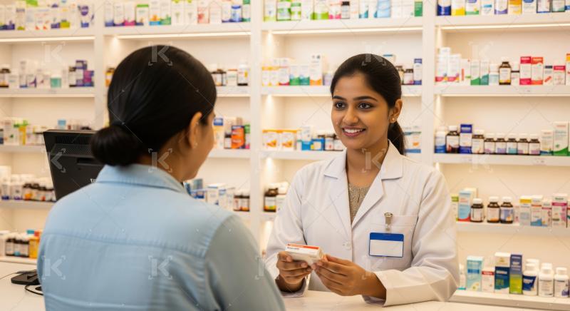 Friendly pharmacist assisting a customer at a well-stocked modern pharmacy.