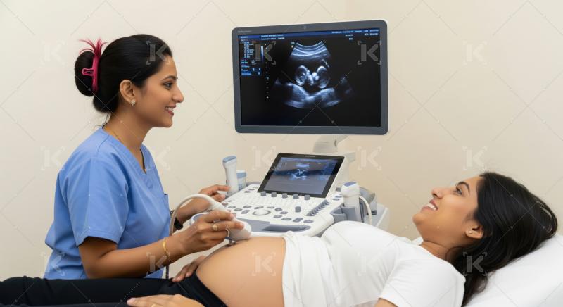 Happy expectant mother's joyful ultrasound scan with caring medical professional.