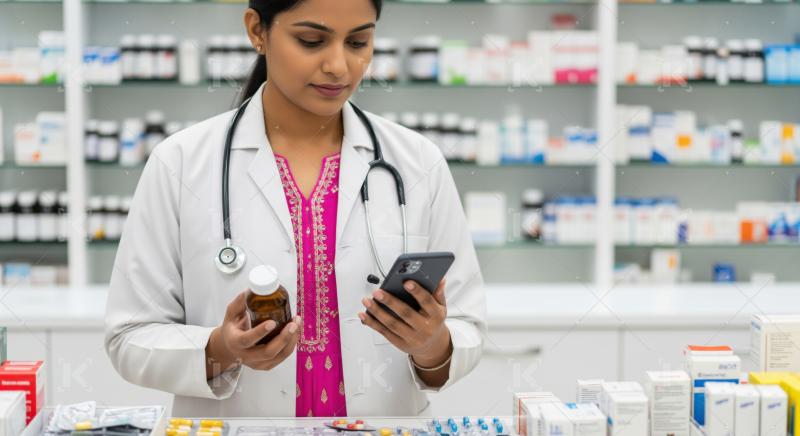 Female pharmacist checking medicine details using phone at pharmacy.