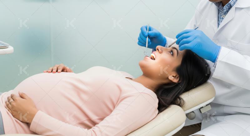 Dentist performing oral examination on pregnant woman at modern clinic.