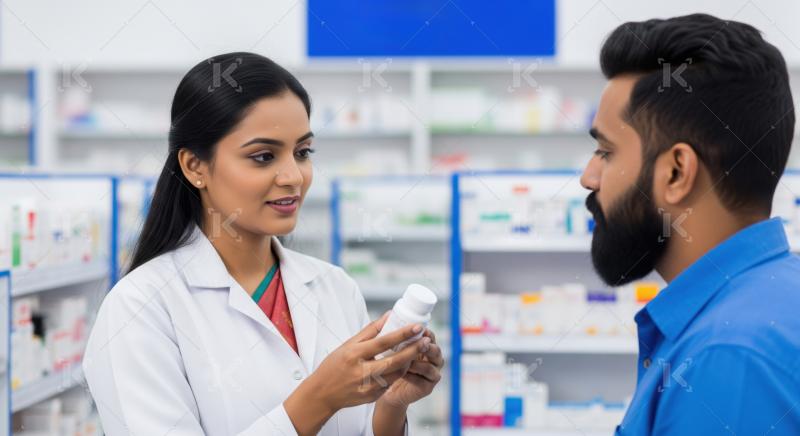 Pharmacist providing excellent customer service in a well-stocked modern pharmacy.