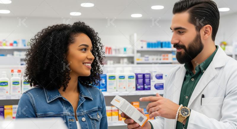 Friendly pharmacist advises customer on product in a clean pharmacy.