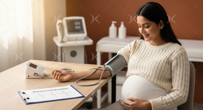 Expectant mother carefully monitors vital signs during important prenatal appointment.