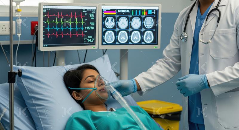 Doctor attending to a patient with oxygen mask and medical monitors.