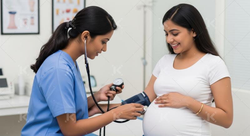 Smiling doctor measures a pregnant woman's blood pressure during examination.