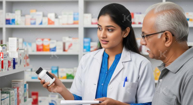 Pharmacist assists senior man, discussing medication at drugstore.