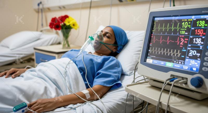 Patient receiving medical care, vital signs monitored in hospital.