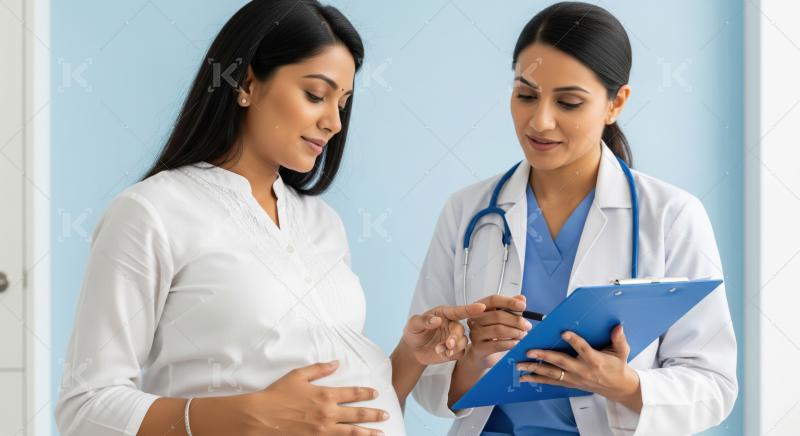 Female doctor explains health details to a pregnant Indian woman.