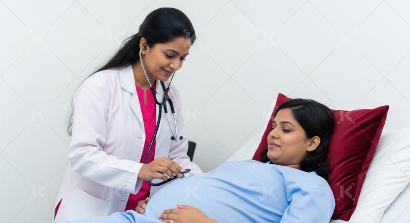 Doctor carefully examines pregnant woman's belly in medical setting.