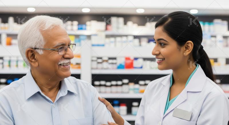 Friendly pharmacist provides professional assistance to senior patient.