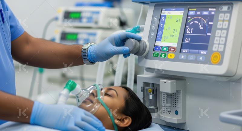 Medical personnel adjusting ventilator settings for patient critical care.