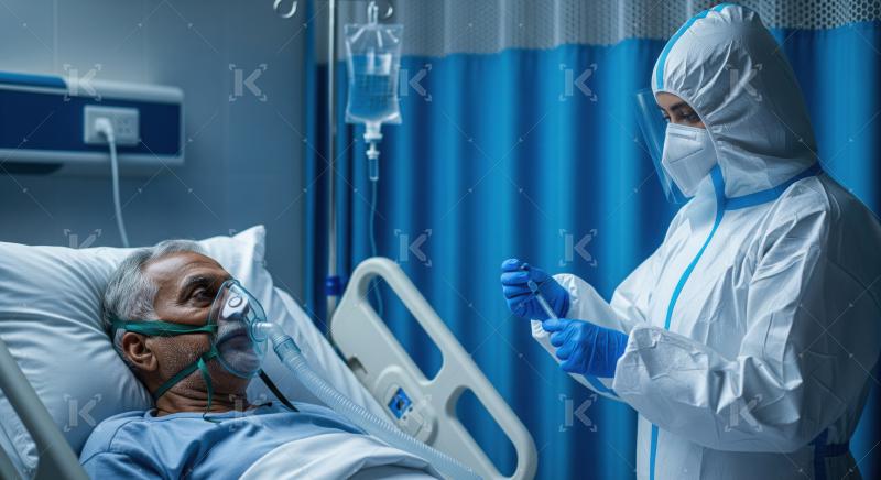 Medical professional administering treatment to an ill senior patient.