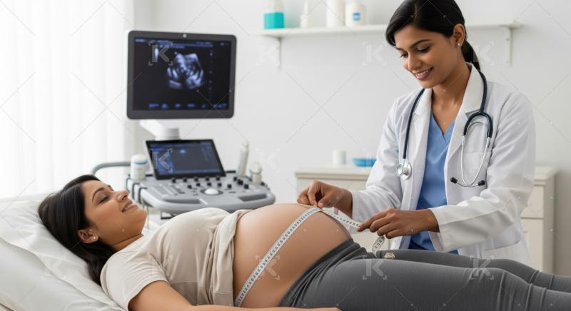 Caring doctor performs routine belly measurement on expectant mother.