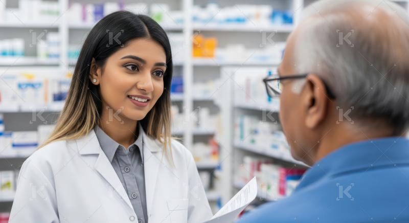 Young female pharmacist provides medication guidance to senior man.