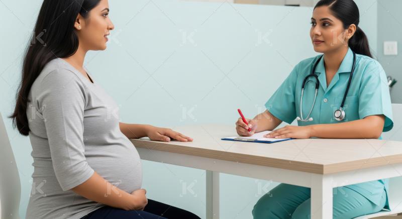 Female doctor provides medical consultation to an expectant Indian mother.
