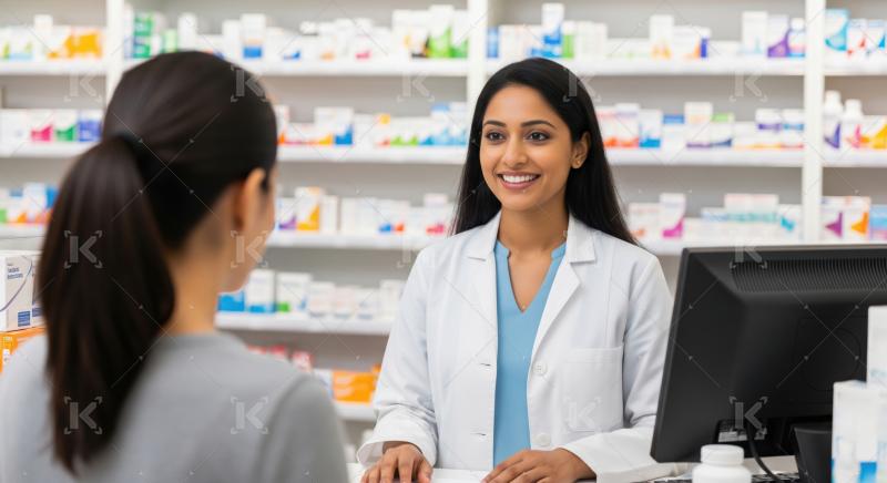 Friendly pharmacist assists customer with medication in a modern pharmacy setting.