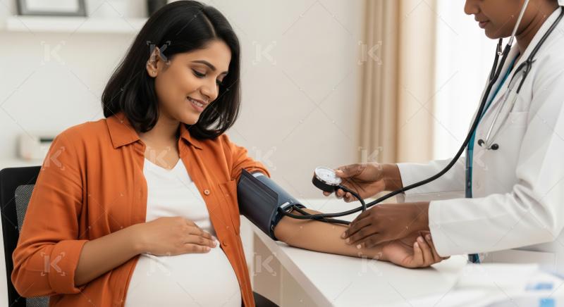 Doctor measures pregnant Indian woman's blood pressure during checkup.