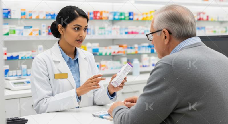 Pharmacist helps senior patient understand new medication details clearly.
