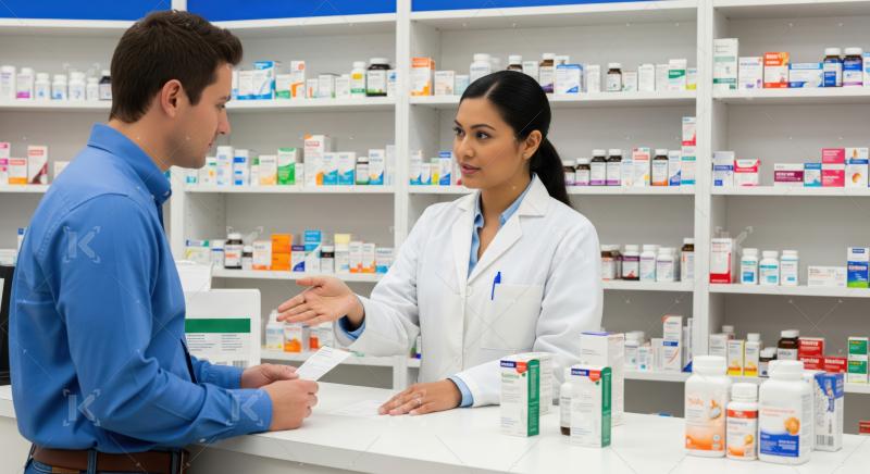 Professional pharmacist assisting a male customer with his prescription.