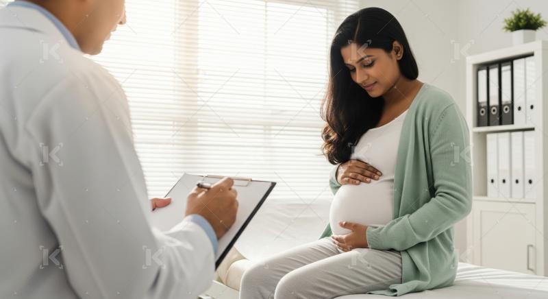 Indian pregnant woman smiles during her prenatal doctor consultation.