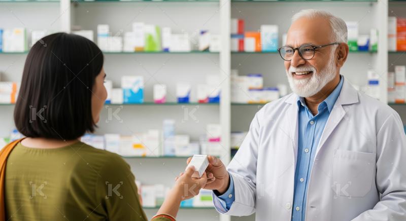 Friendly pharmacist providing medication to a customer in the pharmacy.