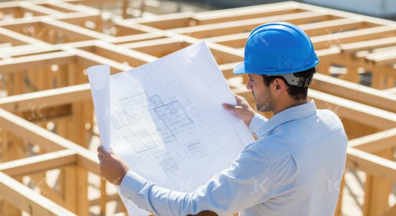 Professional architect inspecting detailed blueprints at new home construction site.