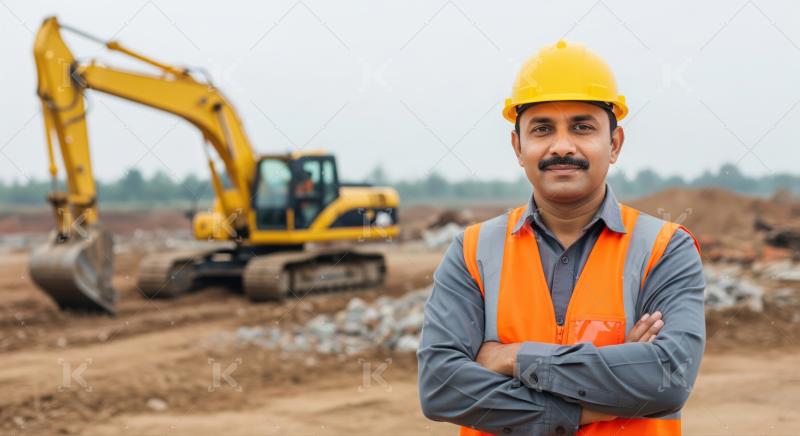 Professional worker oversees a large development project with heavy machinery.