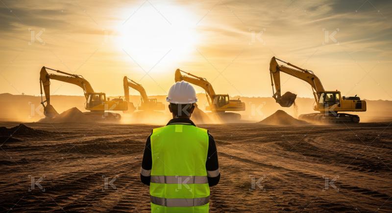 Engineer oversees excavators moving earth under a golden sky.