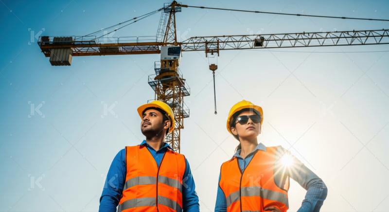 Two dedicated engineers confidently stand at a bustling construction site.