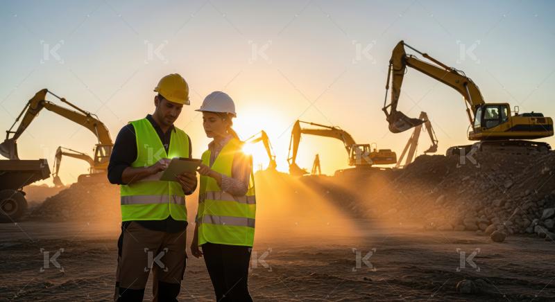 Engineers review plans on tablet at dusty construction site.