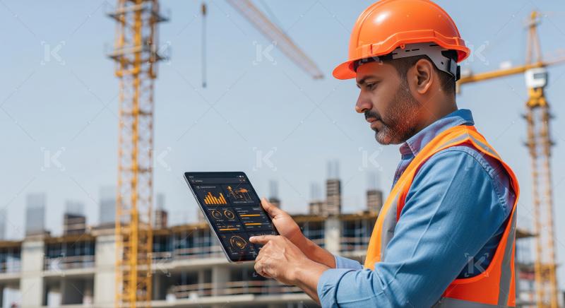 Engineer diligently oversees project data on tablet, ensuring construction progress.