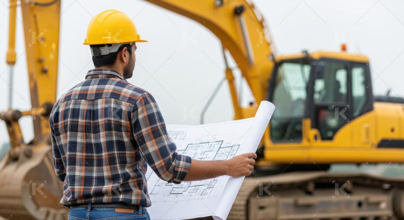 Engineer carefully examines blueprints at a construction site outdoors.