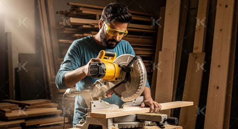 Skilled carpenter precisely cuts timber in a dusty workshop.