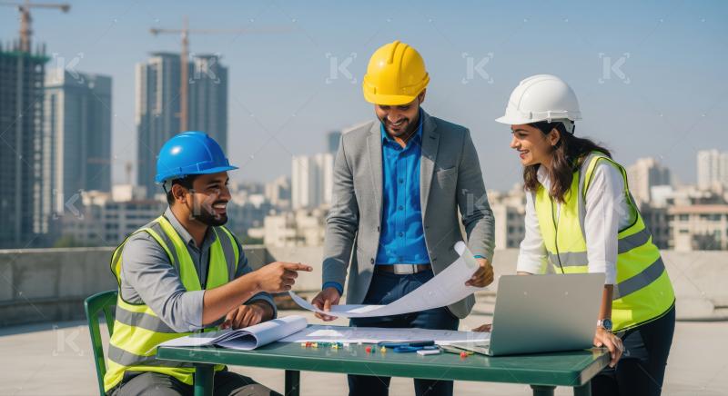 Three engineers reviewing construction plans on a rooftop urban setting.