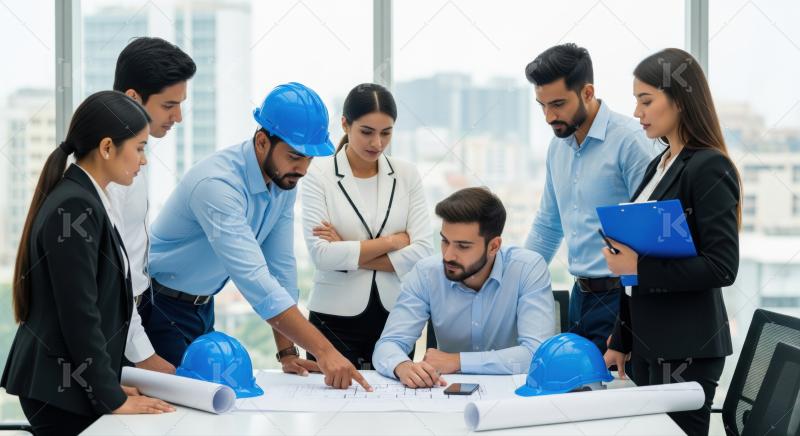 Professionals collaborate on construction blueprints, strategizing future project development diligently.