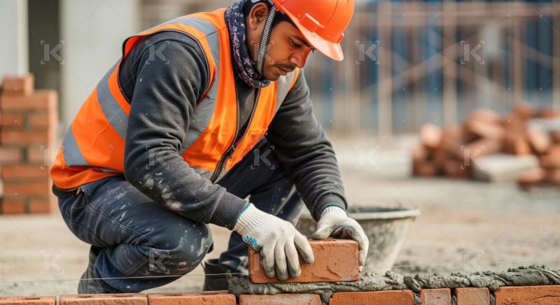 Focused mason meticulously constructs a brick wall at job site.