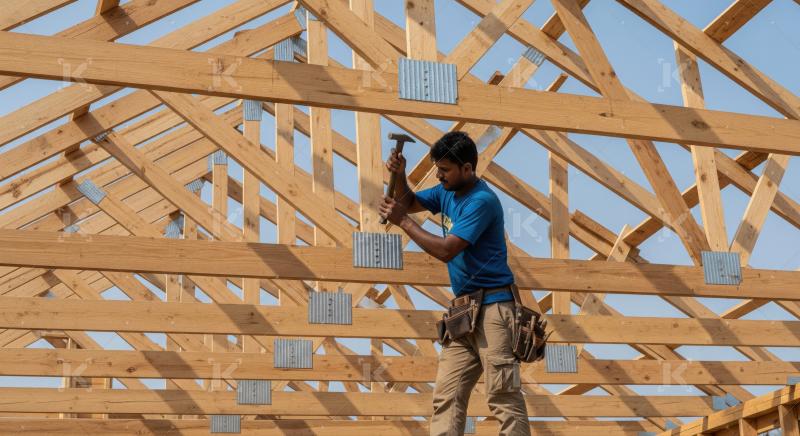 Carpenter building new house roof structure against clear sky.