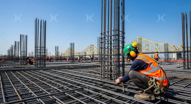Dedicated construction workers prepare rebar framework for upcoming concrete structures.